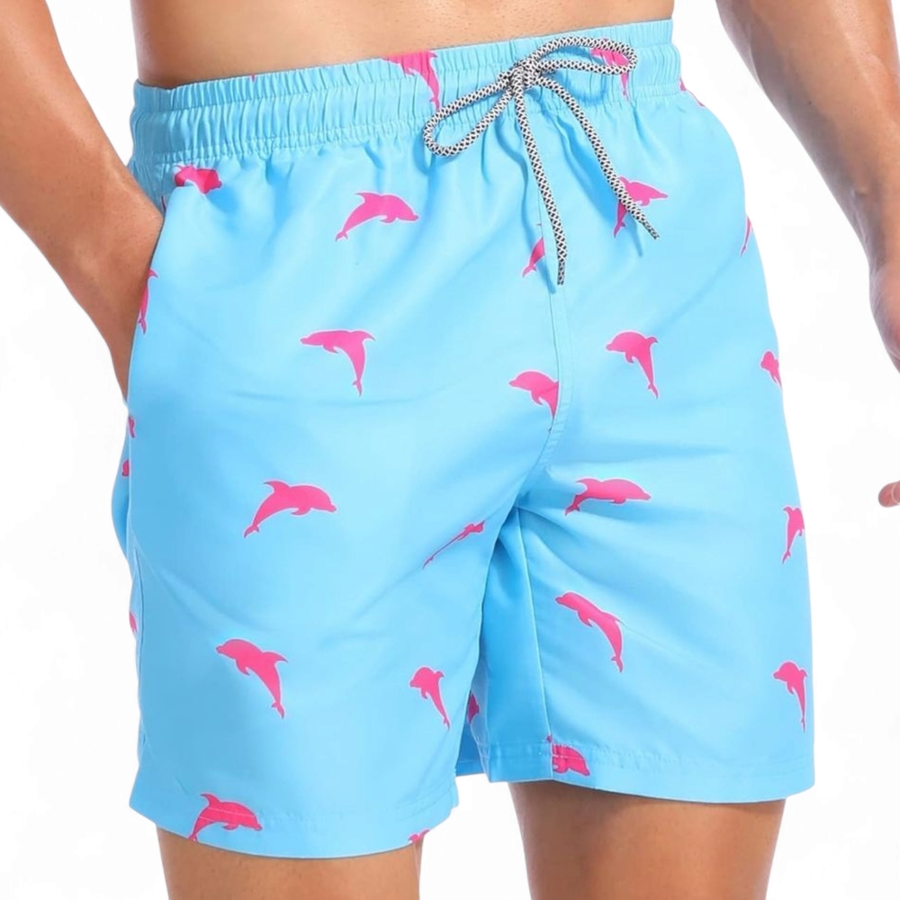 Men's Swim Trunks - Size M - Blue with Pink Dolphins